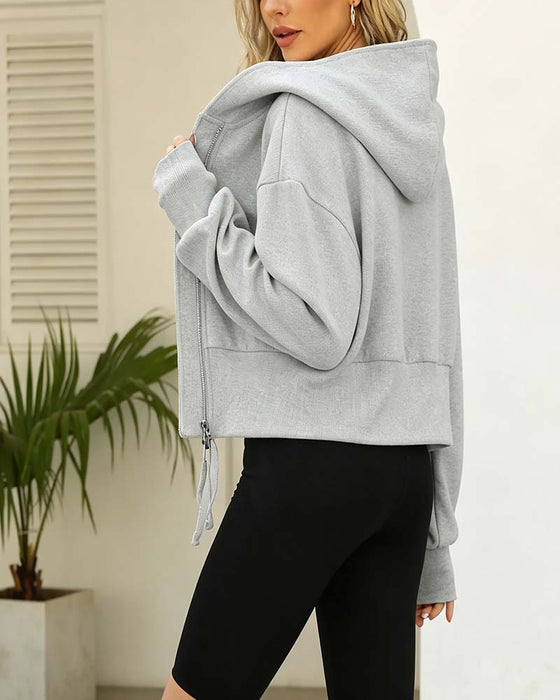 Double Zipper Short Hooded Sweatshirt Coat
