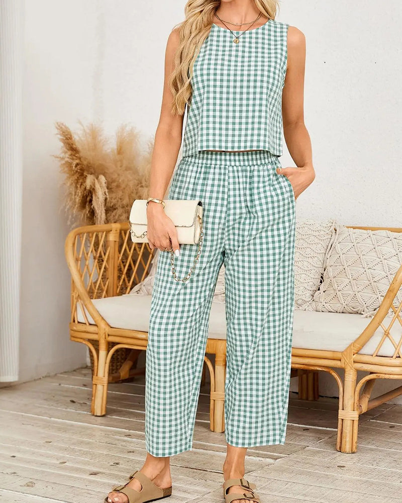 Round Neck Plaid Sleeveless Set