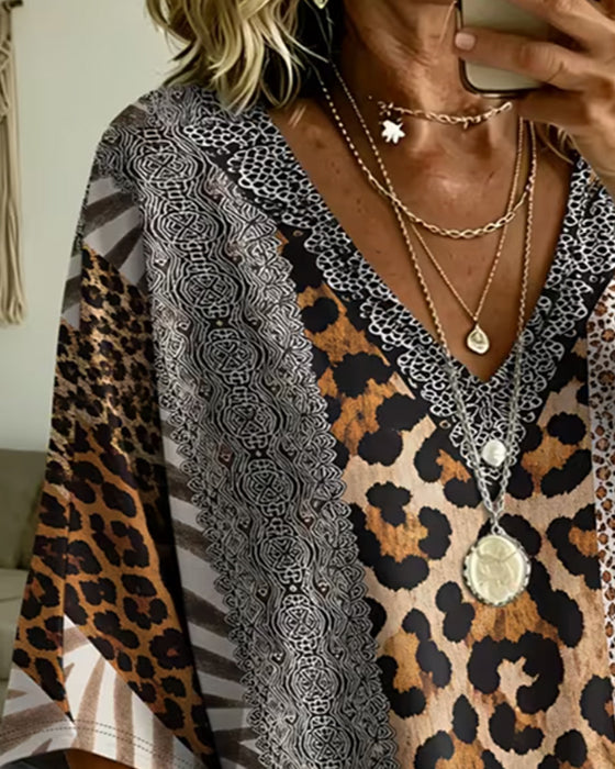 Leopard Print Patchwork V-Neck Casual Top