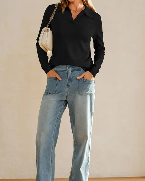 Lapel V-Neck Solid Fitted Top