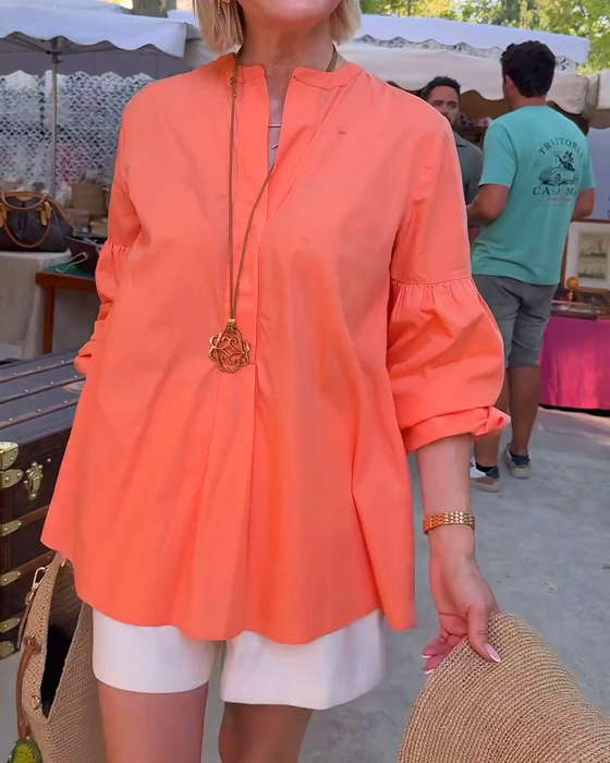 Solid Color V-Neck Lantern Sleeves Blouse