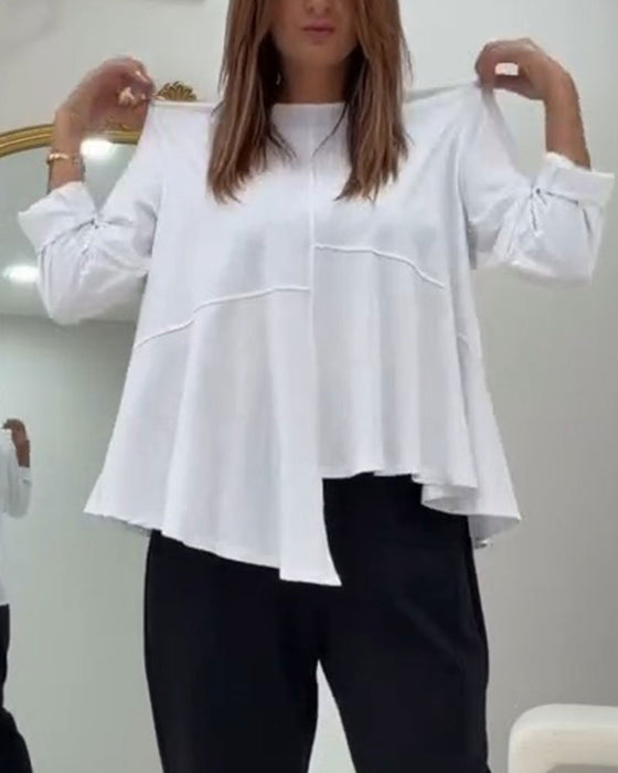 Crew Neck Patchwork Asymmetric Solid Top