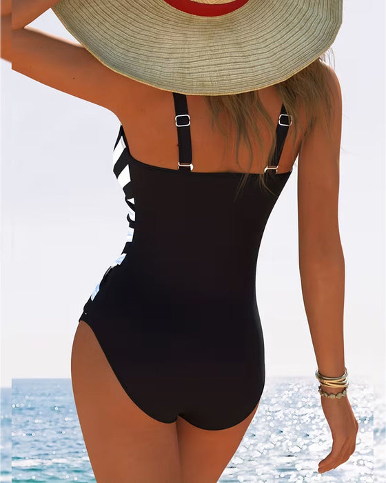 Casual Striped V-Neck One-Piece Swimsuit