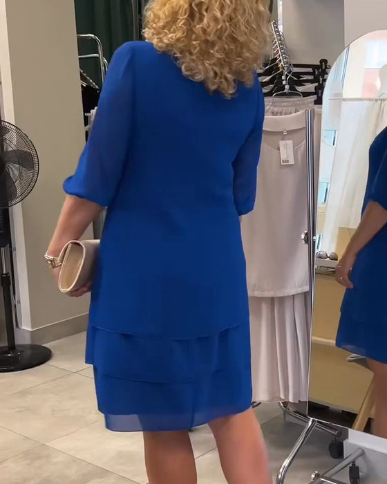 Half-Sleeve Crewneck Double-Layer Tiered Dress