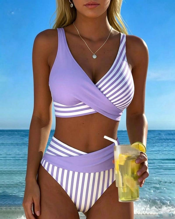 Crisscross Striped Print Bikini