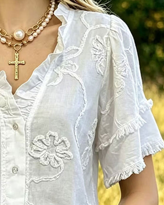 Fringed Hem Puff Sleeve Blouse