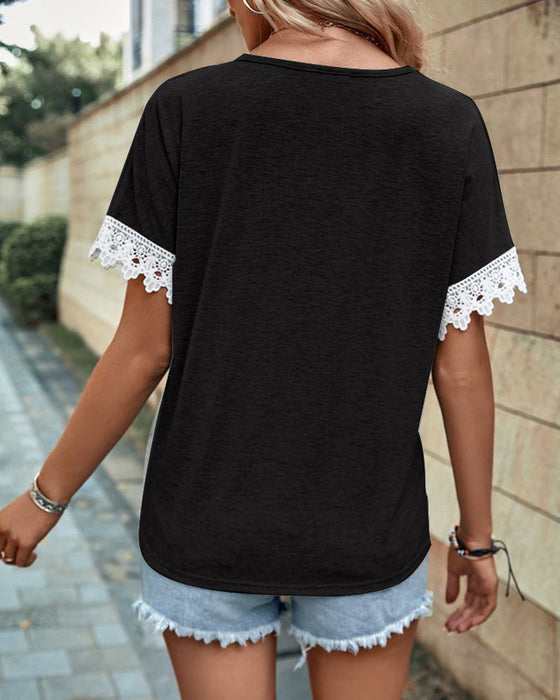 Lace cuff paneled solid color blouse