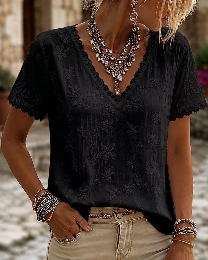 V-Neck Lace Short Sleeve Blouse