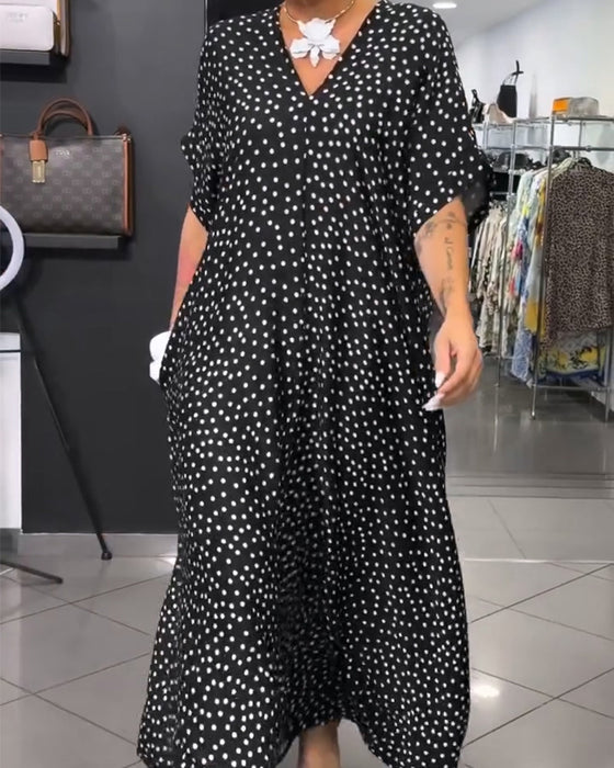 V-Neck Polka Dot Loose Flared Dress
