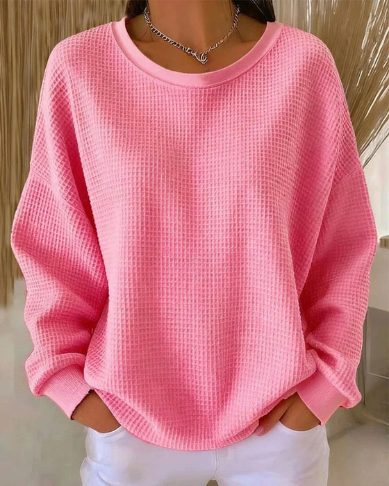 Solid Color Waffle Texture Pullover Sweatshirt