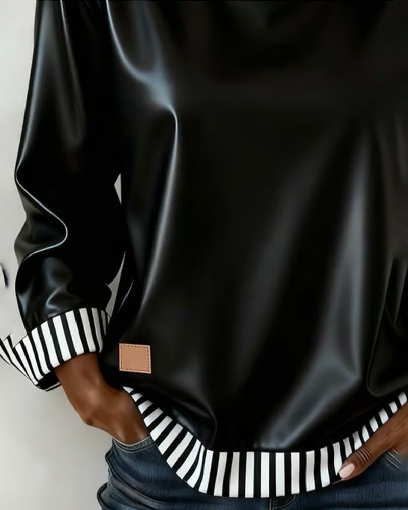 PU Spliced Vertical Stripe Round Neck Sweatshirt