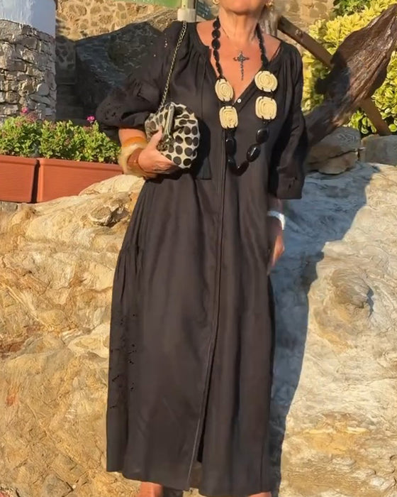 V-Neck Pocket Full Skirt Loose Solid Dress