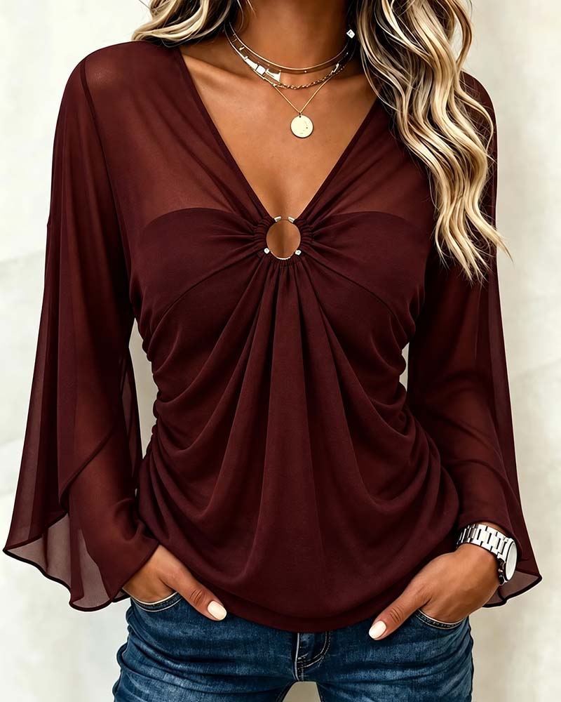 V-Neck Metal Ring Twist Blouse