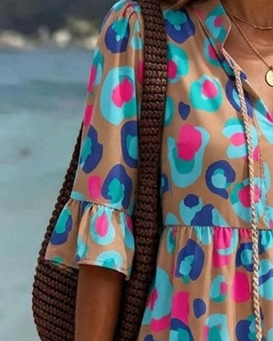 Colorful Print Fringe V-Neck Resort Dress