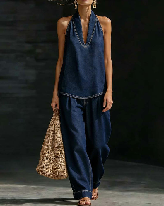 Fashion Halter Neck Denim Set