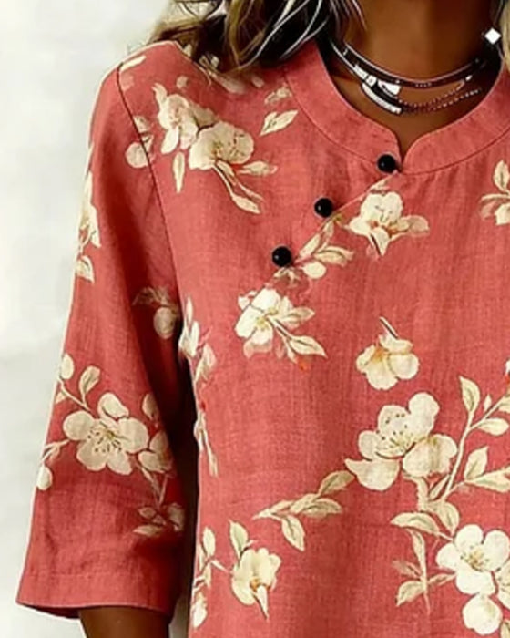 Flower Print Side Button 3/4 Sleeve Blouse