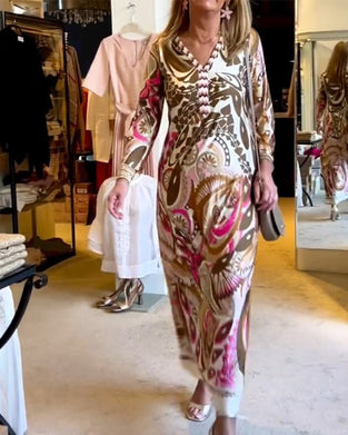 V-neck casual printed long dress