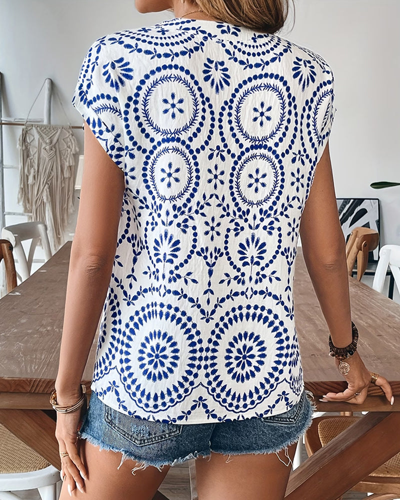 Casual Print V-Neck Blouse