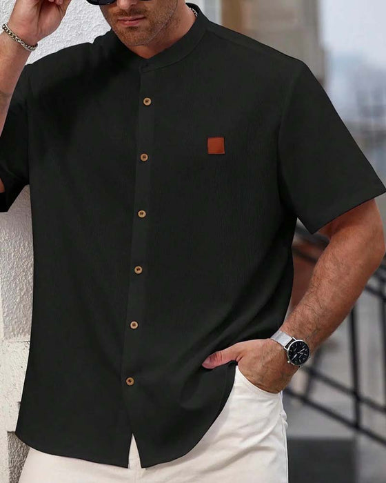 Textured Stand Collar Short Sleeve Shirt