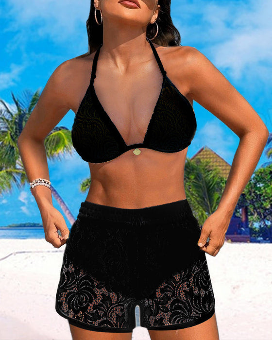 Solid color lace halter bikini