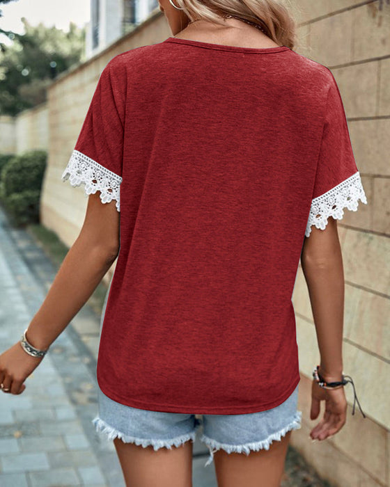 Lace cuff paneled solid color blouse