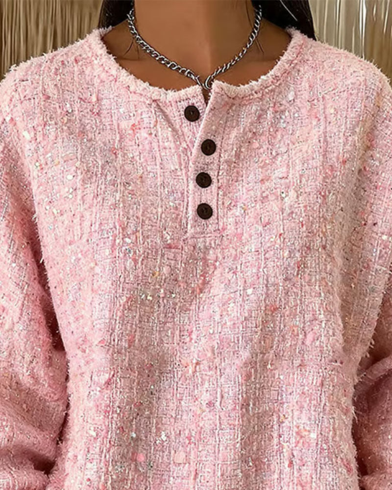 Tweed Henley Collar Button-Up Sweatshirt