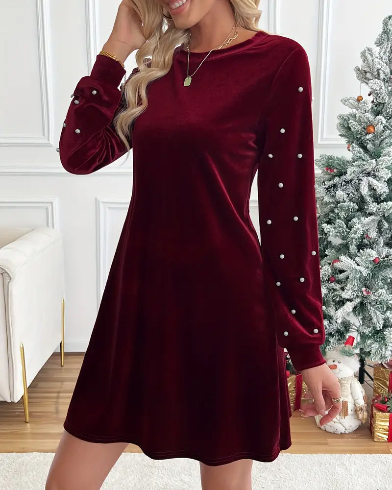 Beaded Long Sleeve Round Neck Dress