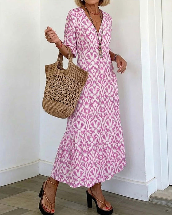 V-Neck Mid-Length Sleeve Ruffle A-Line Dress