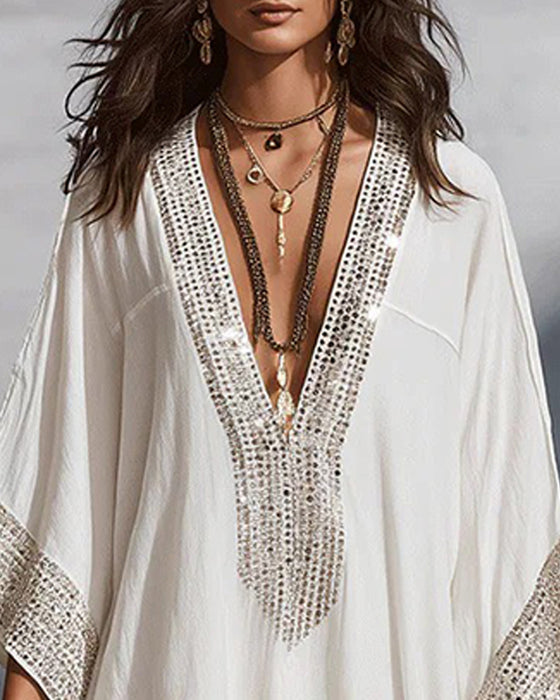 Deep V-Neck Vacation Fashion Loose Fit Dress