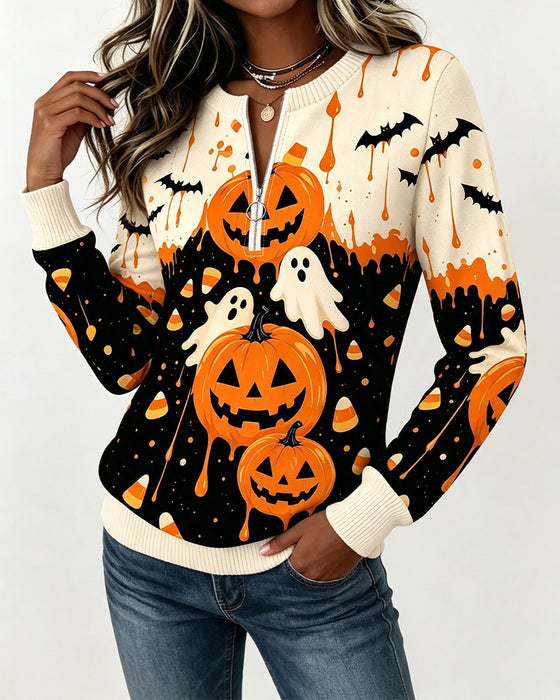 Zip Long Sleeve Pumpkin Print Sweatshirts