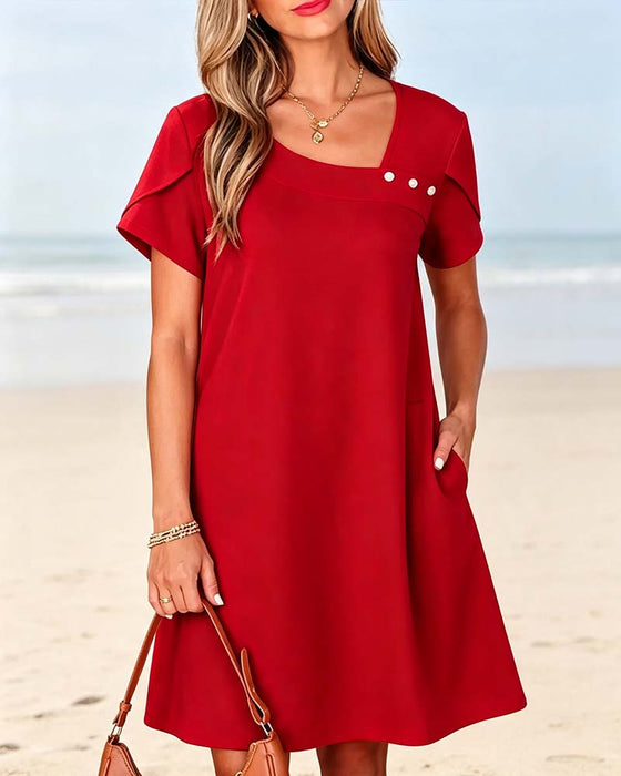 Asymmetric Neck Button Short-Sleeve Solid Dress