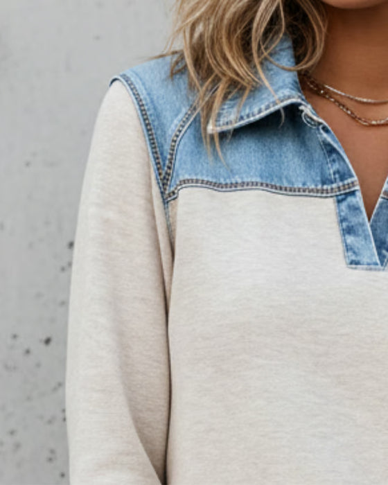Fashionable Lapel Color Block Spliced Sweatshirt