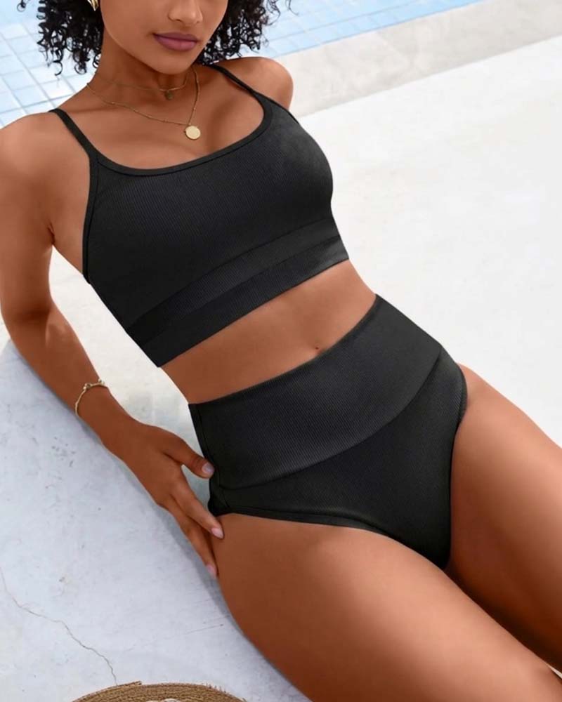 Solid U Neck High Waist Bikini