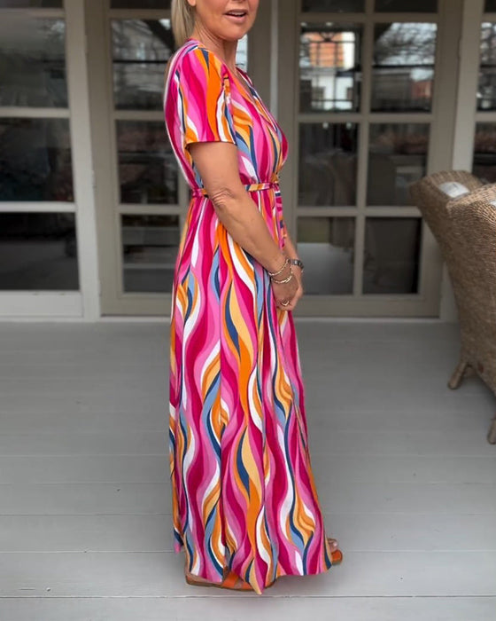 Colorful printed short-sleeved lace-up long dress