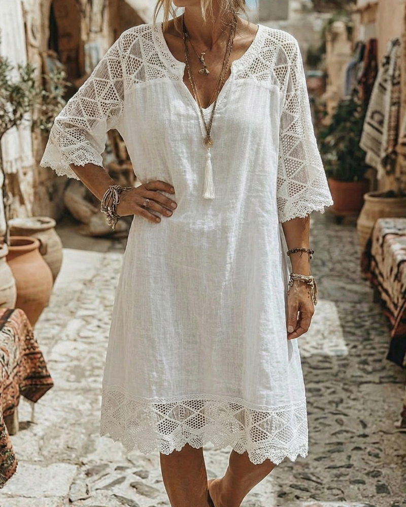 V-Neck Lace Patchwork Casual Dress