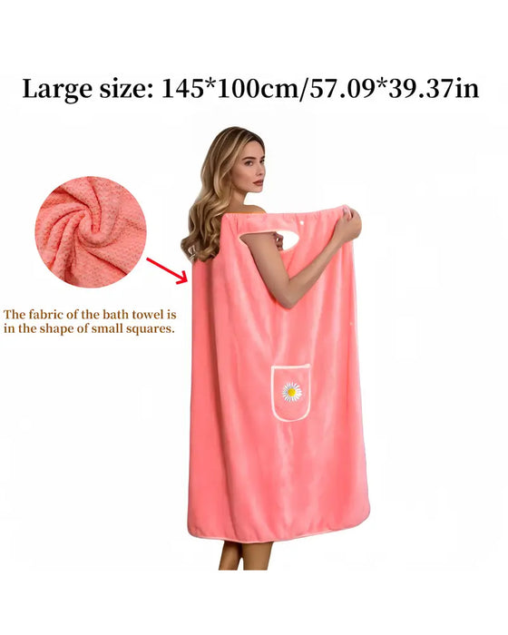 Soft Absorbent Quick-Dry Wearable Bath Towel Skirt with Floral Pattern Pocket