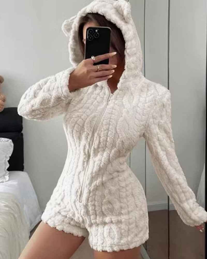 Solid Hooded Fleece Jumpsuit