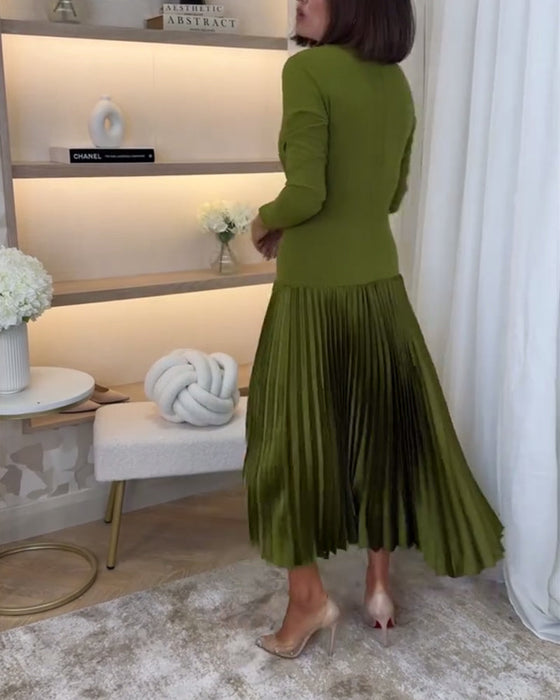 Casual solid color long sleeve pleated dress