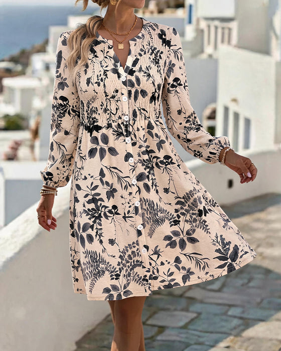 Ink Wash Leaf Waist-Cinching Short Dress