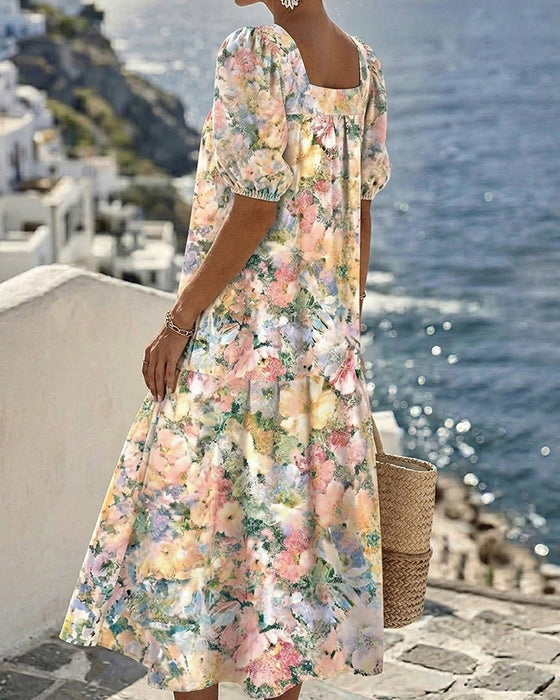 Printed Square Neck Bubble Sleeve Dress