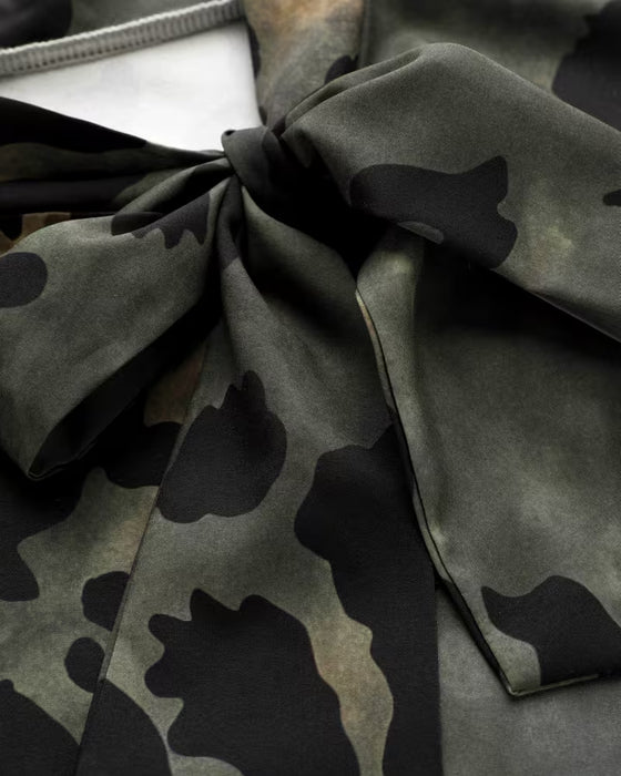 Camo Leopard Print Scarf Tie Puff Sleeve Blouse