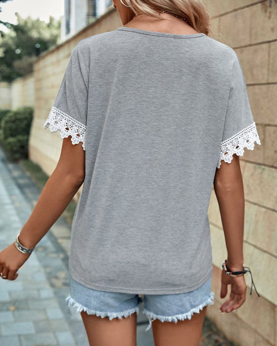 Lace cuff paneled solid color blouse