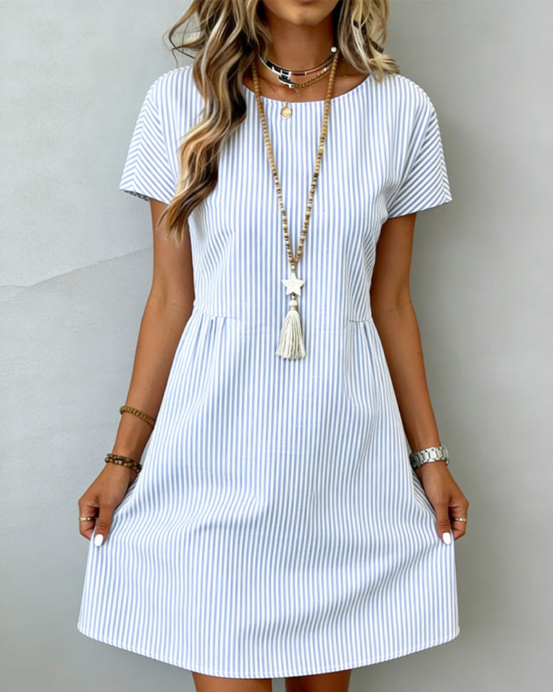 Striped Crew Neck Cinched Waist Short Sleeve Dress