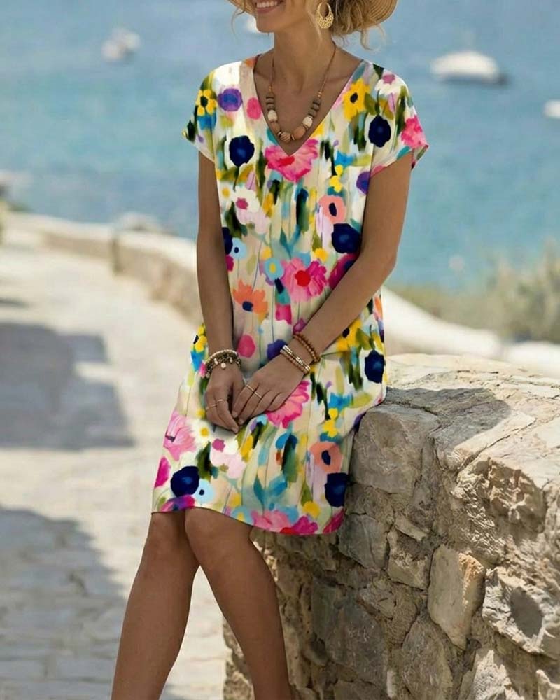 Oil Painting Floral Print Short Sleeve Dress
