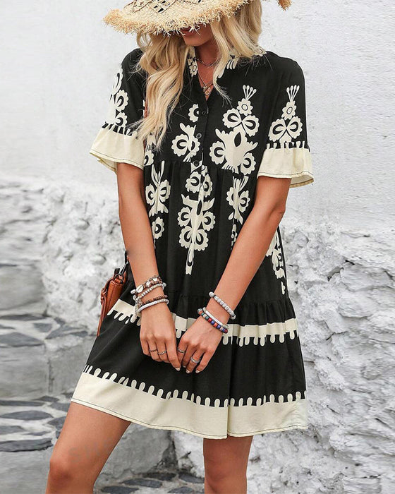 Printed short sleeve button up elegant dress