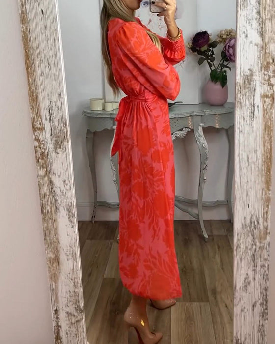 V-neck waist-cinching printed dress