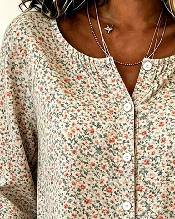 Crewneck Button Floral Three-Quarter Sleeve Blouses