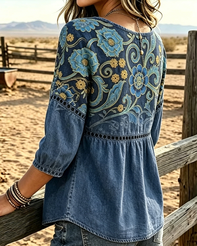 Hollow Out Print Vintage Blouse