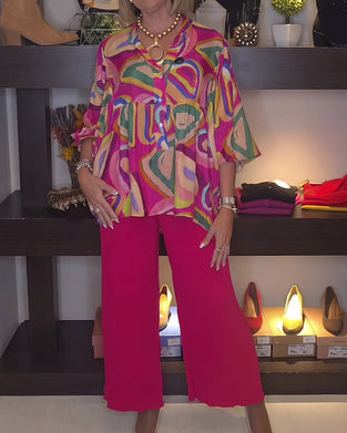 Colorful Geometric Puff Sleeve Printed Blouse