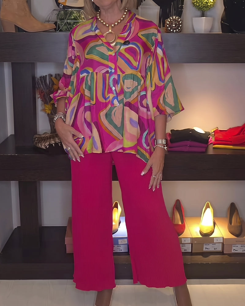 Colorful Geometric Puff Sleeve Printed Blouse